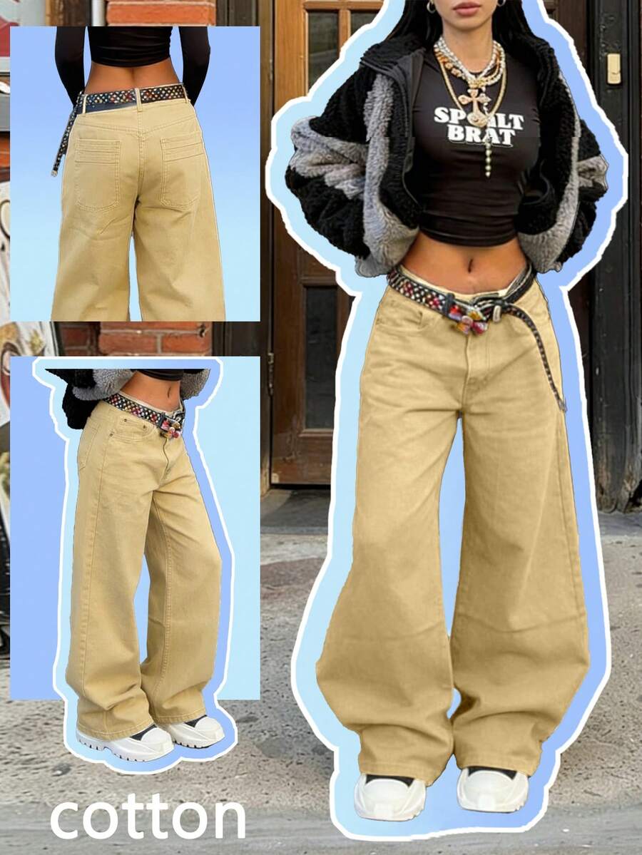 Women's Khaki Loose Wide-Leg Minimalist Style Denim Jeans - Daily Street Fashion Versatile Pants - Khaki - View 1