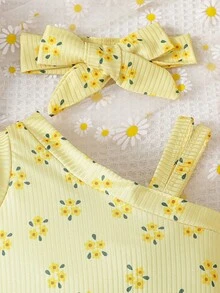 女婴无袖蝴蝶印花连体衣，搭配同款短裤，时尚独特新款 - 黃色 - 查看 5