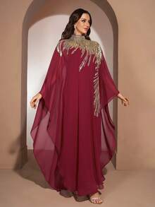 YISIKADO Women's Modest Long Arabic Abaya Dress With Gold Sequin Details - Red - View 4