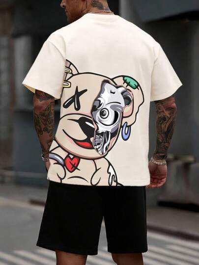 2pcs/Set Men's Casual T-Shirt Outfit, Including 1 Cartoon Cyberpunk Bear Ripped Print Short Sleeve T-Shirt And 1 Black Knit Shorts, Very Suitable For Casual Outings