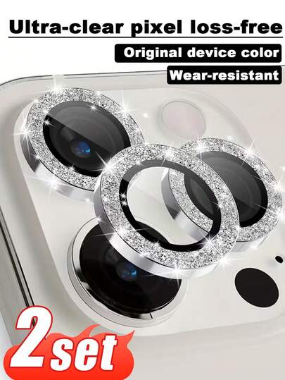 两套闪亮镜头保护膜，多种颜色可选，钢化玻璃材质，防刮花，银色边框设计，高品质粘合剂，全覆盖，兼容 17 Pro Max/17 Pro/17 Air/17/16 Pro Max/16 Pro/16 Plus/16/15 Pro Max/15 Pro/15 Plus/15/14/13/12等型号。适用于日常、办公、居家等各种场合。闪亮水晶防水防震防摔防刮花。