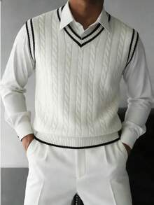 男式学院风休闲百搭条纹撞色针织背心，秋冬 - 白色 - 查看 1