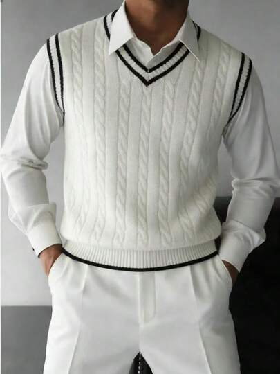男式学院风休闲百搭条纹撞色针织背心，秋冬