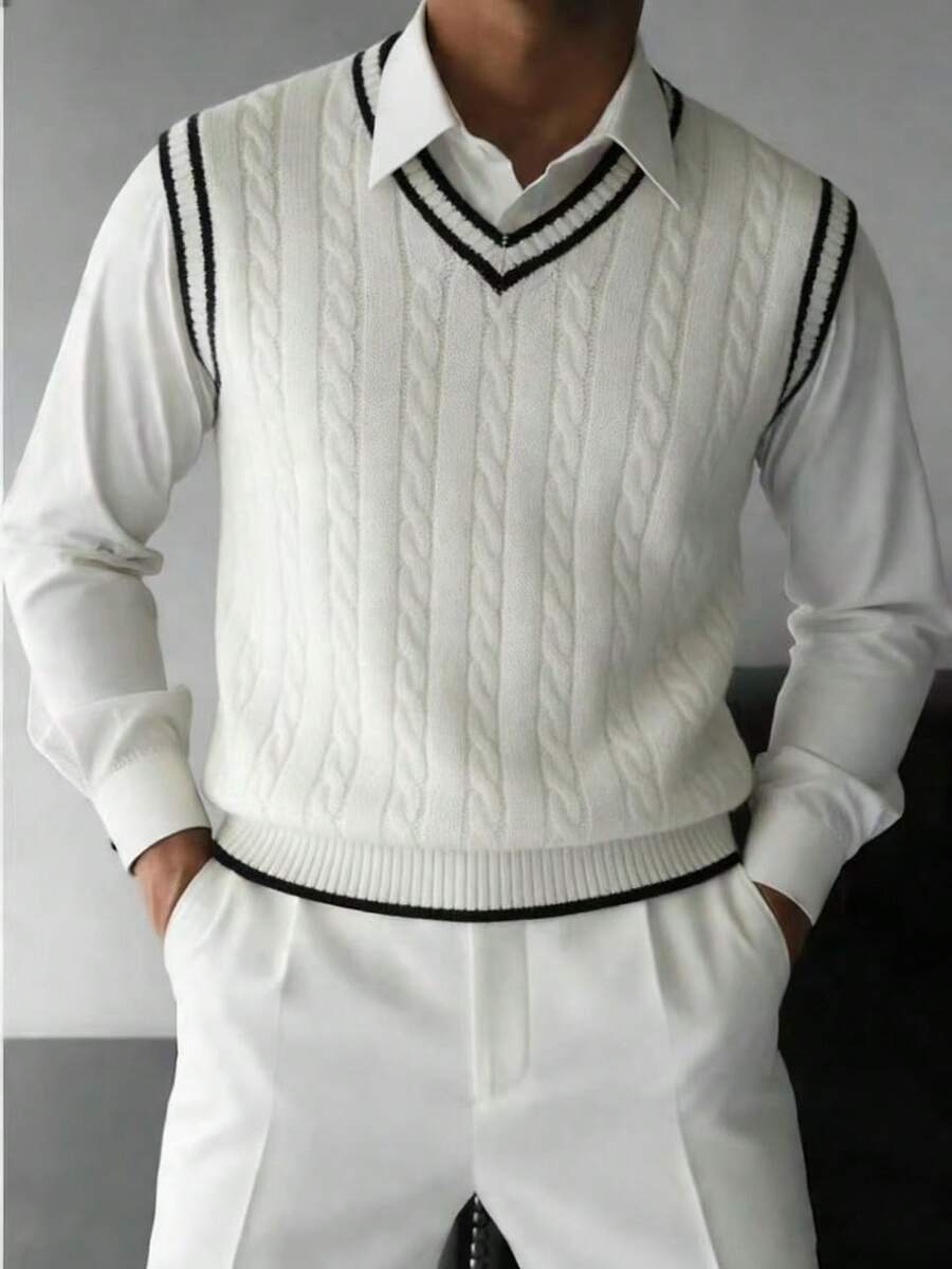 男式学院风休闲百搭条纹撞色针织背心，秋冬 - 白色 - 查看 1