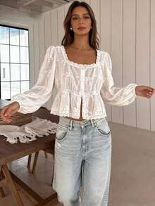 Women's Embroidered Lace Trim Casual Blouse White Summer - White - View 5