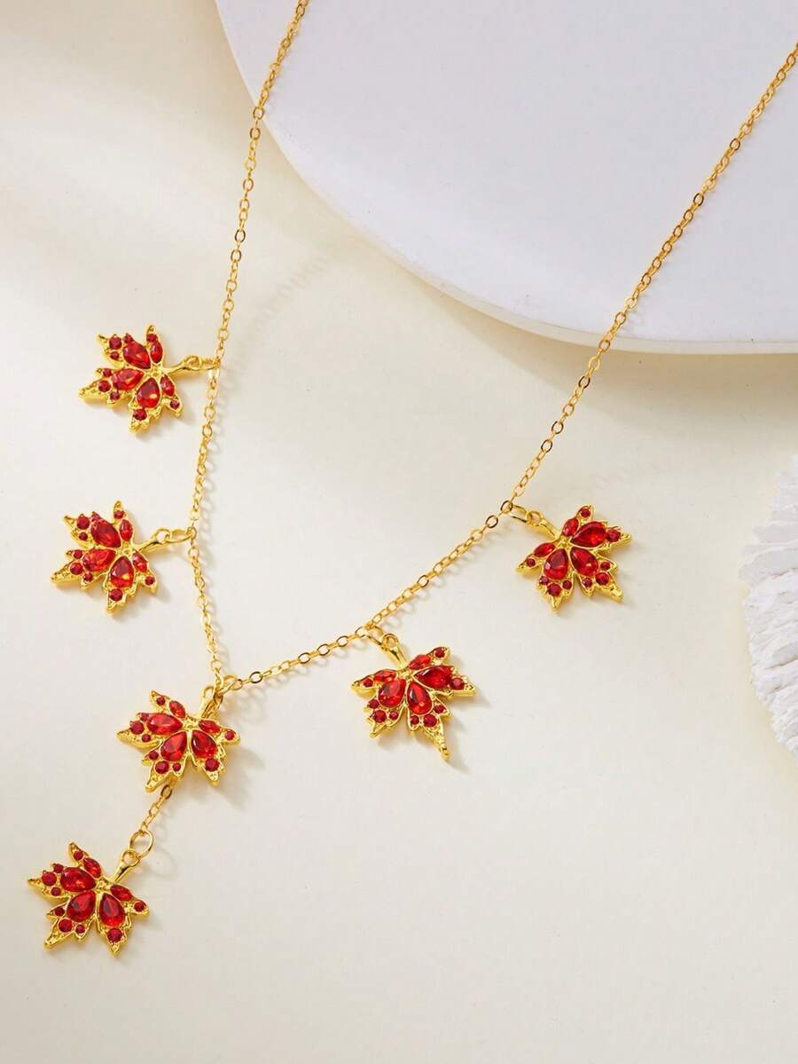 1pc Red Maple Leaf Pendant Gold Necklace Jewelry, Elegant Style, Suitable For Autumn Gatherings, Dates, And Daily Wear (OPP Bag Packaging) - Yellow Gold - View 1