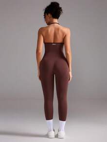 Yefecy Women's Soft Tone Jumpsuit, Backless Spaghetti Strap Long Jumpsuit - Brown - View 3