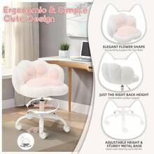 Adorable sillón de tocador con forma de pata de gato, asiento de felpa sin brazos y ruedas, tapizado para oficina en casa, para niñas y mujeres, altura ajustable, respaldo medio, giratorio, para sala - Blanco - Ver 3