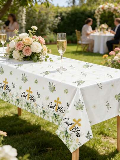 3pcs 137x274CM "God Bless" Fresh Baptism Theme Tablecloth - Waterproof & Stain Resistant White Base With Golden Cross + Green Plant Print, Plastic Material, Elegant & Cozy Style, Suitable For Outdoor Wedding Receptions, Family Thanksgiving Gatherings, Spring Picnics, And Daily Use