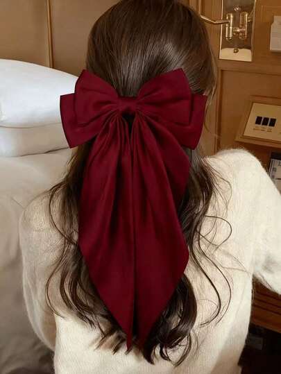 1个酒红色蝴蝶结发夹，女士红色蝴蝶结发夹，缎面蝴蝶结发卡，长尾蝴蝶结发夹，派对发饰，圣诞礼物，冬季礼物，爪夹，发夹，头部饰品，女士发饰