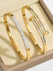 3 Sets/1 Set 18K Gold Plated Stainless Steel Four-Leaf Clover Nail Bracelet, Suitable For Women's Party, Daily Wear, European And American Style, Personalized, Generous, Luxurious Cubic Zirconia Wristband, Wedding Jewelry Set, Gift For Girls, Ladies, Relatives, Friends, Beautiful Wedding, Birthday, Valentine's Day, 18K Gold Plated Stainless Steel Floral Bracelet, Suitable For Women's Daily Wear, Classic Floral And Roman Numeral Rivet Design, Waterproof, European And American Style, Casual, Wedding, Party - Yellow Gold - View 14
