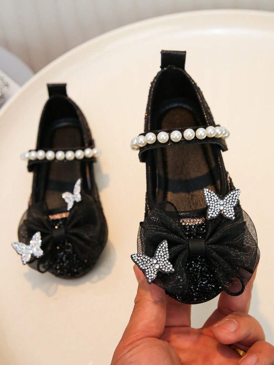 1 Pair Girls' Multi-Color Butterfly Rhinestone Shoes, Pearl Decor Princess Soft Bottom Shoes, Spring/Summer, Birthday Party, School Performance, Ethereal & Gentle Casual Shoes - Black - View 1