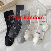 蝴蝶结袜，女士中筒袜，春夏芭蕾舞风格绒面袜，搭配小皮鞋和长筒袜 - 彩色 - 查看 7