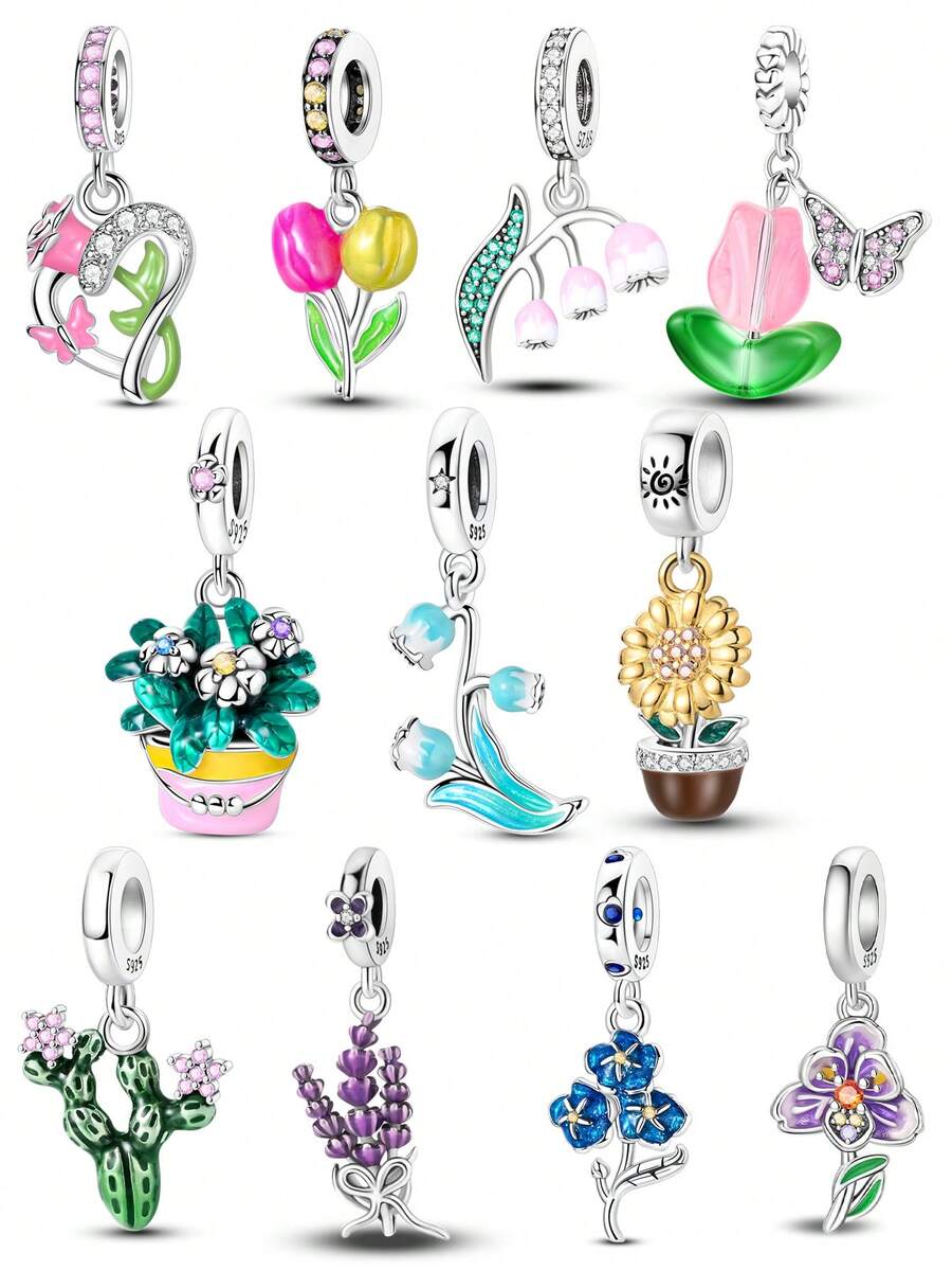 Dijes de flores plateadas con baño de plata para San Valentín, con diseños de lavanda, cactus, rosa, tulipán y girasol. Colgantes de esmalte ajustables de plantas para hacer pulseras, collares, joyería para bodas, fiestas y uso diario. Accesorios románticos para manualidades - Multicolor - Ver 1