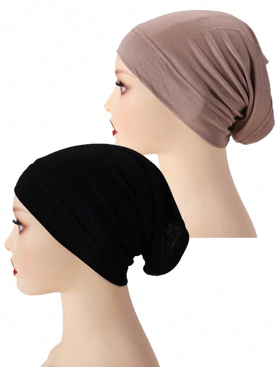2pcs/Set Women's Solid Color Tube Hijab Caps, Basic Underscarf,Beach,Holiday,Accessories,Travel Essential - Black + Khaki - View 1