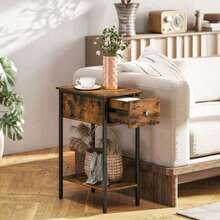 Side Table With Open Compartment And Drawer, Bedside Table, Metal Legs, Wood, Brown