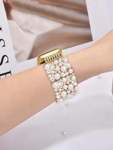 Huastonband 1件金色調全水鑽與珍珠彈性手環錶帶女款 Ultra3 2/SE/S11/S10/S9/S8/S7/S6/S5/S4/S3/S2/1，38mm/40mm/41mm/42mm/44mm/45mm/46mm/49mm，奢華珍珠與鑽石鍍彈性手鍊，時尚獨特設計適用於派對、海灘、婚禮、畢業典禮及其他場合 - 金色 - 查看 8