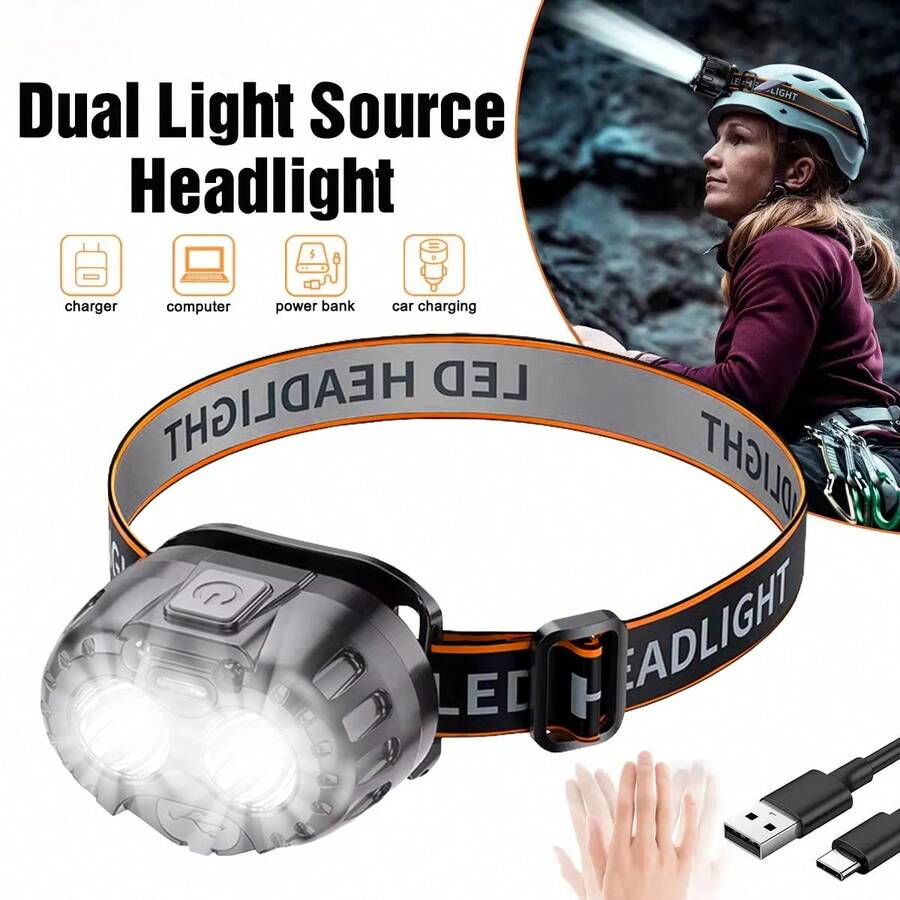 1/2pcs LED Sensor Headlamp, USB Rechargeable Bright Sensor Flashlight, Waterproof Headlight For Fishing, Camping - Black - View 1