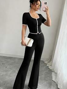 KKV Conjunto de dos piezas top ajustado de manga corta en color liso con pantalón - Negro - Ver 3