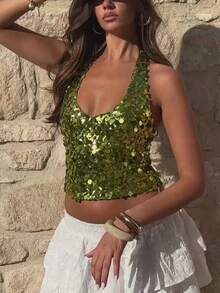 Women Sequin Halter Tank Top Y2K Sparkly Sleeveless Deep V Neck Slim Fit Vest Crop Tops Summer Backless Bling Glitter Low Cut Shirts Going Out Tops Party Clubwear - 綠色 - 查看 5
