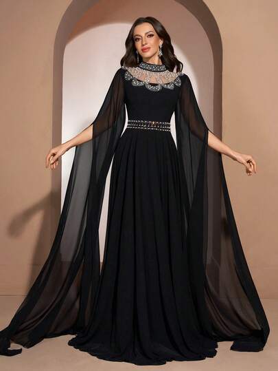 YISIKADO Vestido de noche de gasa con strass, cuello alto y manga con abertura, elegante y formal, adecuado para invitados de boda, fiestas de cumpleaños, bailes, banquetes, ceremonias de graduación, celebraciones y otras ocasiones formales, un vestido formal ideal para damas.