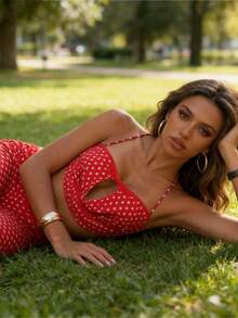 Women's Summer Outfit Casual Fashionable Dot Print Halter Tank Tops With Capri Pants 2Pcs Going Out Set - Đỏ - Xem 2