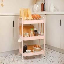 Three-Layer Heavy-Duty Metal Roller Cart With Lock Wheels Hooks Handles For Kitchens Bathrooms Offices Classrooms Dormitories In Pink White - Pink - View 3