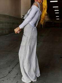 Plus Size Women Casual Solid Color Jumpsuits With Suspender - Light Grey - View 6