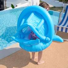1pc Inflatable Baby Swimming Ring, Blue Shark Shaped, Suitable For Beach, Pool, With Sunshade, Can Be Used As Inflatable Seat - Blue - View 2