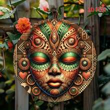 1 Stück runde Metallblechplatte - Afrikanische Maske Wanddekoration, vielseitiges Hofschild für Zuhause, Bauernhof, Garten, Garage, wetterfeste Outdoor-Anzeige, perfekte Raumdekoration mit zufälligen Montagelöchern - Verschiedenfarbig - Übersicht 9