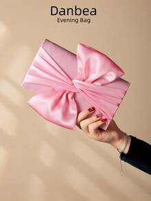 Danbea 缎面蝴蝶花朵造型手拿包，适合派对、晚宴等场合 - 淺粉色 - 查看 2