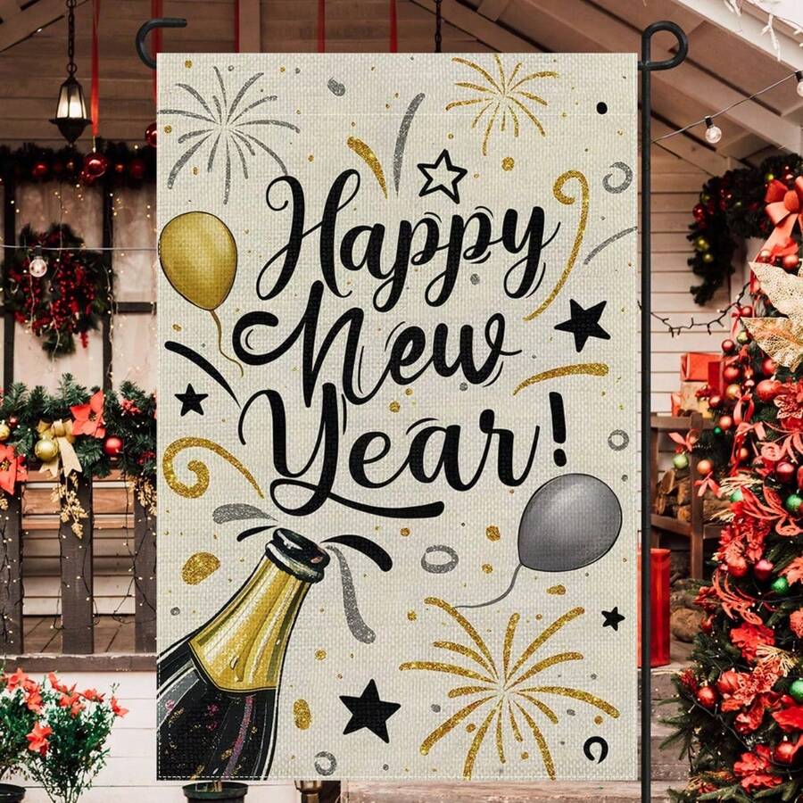 1pc, Champagne Balloon Celebration Happy New Year Garden Yard Flag, Merry Christmas Winter Christmas House Flag, Double Sided Garden Yard Flag, Home Decor, Outside Decor, Yard Decor, Garden Decor, Holiday Decor, No Flagpole 12x18in - 12*18英寸 - 查看 1