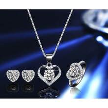 1 Carat Moissanite 925 Sterling Silver Jewelry Set - 1 Carat Moissanite Ring, 1 Carat Moissanite Pendant Necklace, 1 Carat Moissanite Earrings, 1 Carat Heart-Shaped Moissanite 3 PiecesJewelry Set, Valentine's Day Gift