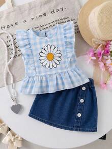 1 Set Baby Girls' Fresh & Cute Blue & White Plaid Daisy Print Ruffle Sleeve Top & Lightweight Denim Skirt 2-Piece Outfit, Energetic Sweet Style For Daily Wear, Summer - Blue - View 1
