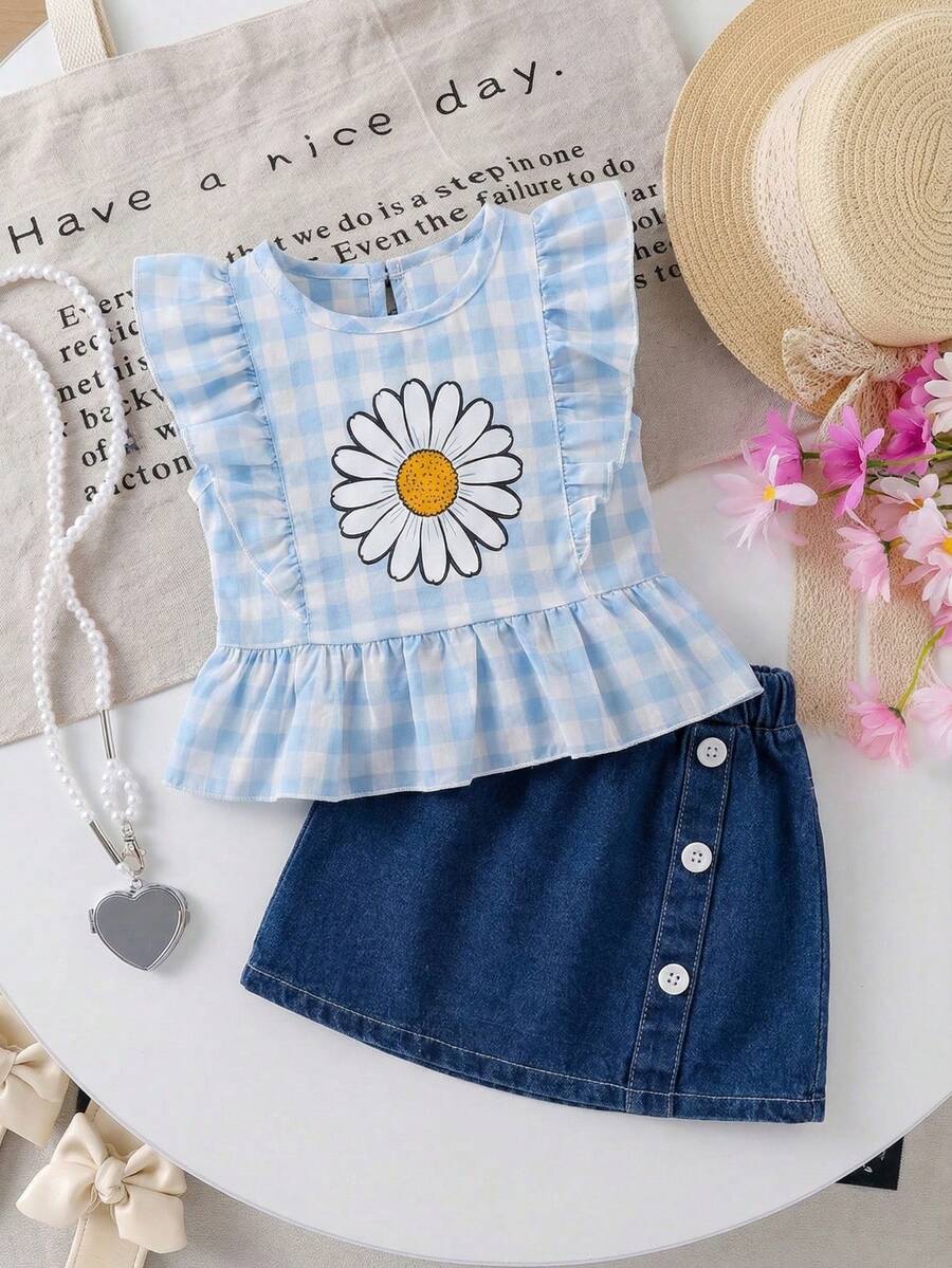 1 Set Baby Girls' Fresh & Cute Blue & White Plaid Daisy Print Ruffle Sleeve Top & Lightweight Denim Skirt 2-Piece Outfit, Energetic Sweet Style For Daily Wear, Summer - Blue - View 1