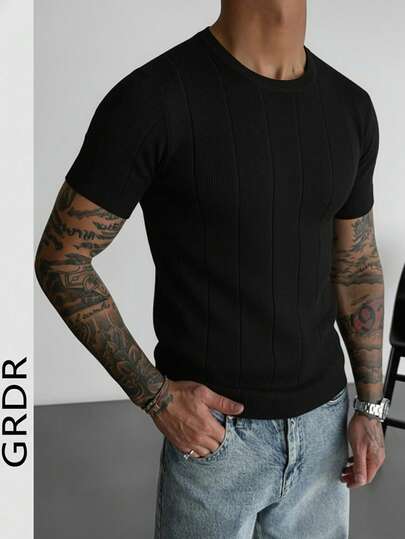  GRDR Men's Knitted Short Sleeve T-Shirt, Solid Color Vertical Stripe Base Layer Top