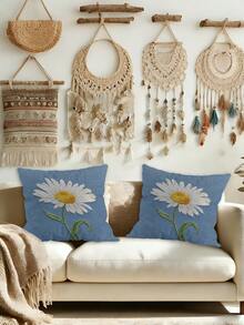 2Pcs Pillow Cover, Ultra Soft, Spring Themed, Faux 3D White Daisy Flower & Stem Pattern On Blue Base, 18x18 Inch, 45x45cm, Balcony Leisure Area, Spring Picnic Mat Matching, Study Leisure Chair Cushion, Accent Pillow Without Filling - Blue - View 3