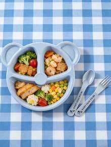 Set de Plato Infantil de Fibra de Trigo, Ecológico y Natural, con Divisiones, Libre de BPA y Metal, Incluye Cucharita y Tenedor para Bebés y Niños - Azul - Ver 1