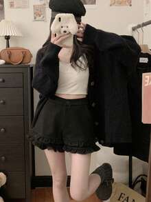 Women's Ruffle Waist + Pocket Design Fleece Shorts, Casual Home Wear/Soft Girl Streetwear, Relaxed Fit Basic Black Comfortable Pants, Autumn/Winter