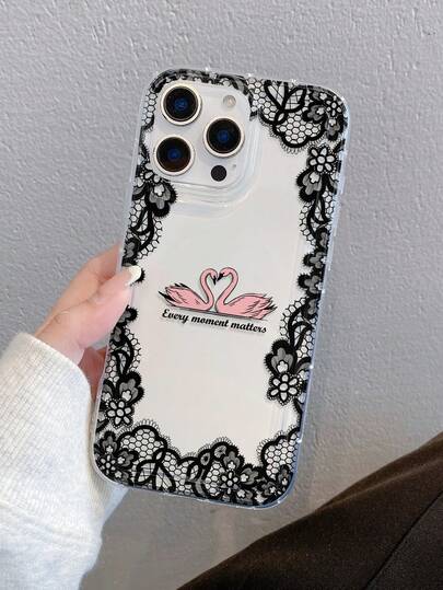 1 st. trendigt och kreativt alla hjärtans dag-skal i spets, rosa svanhjärta och bokstavsmönster, transparent luftkudde i TPU-material som faller säkert för mobilen, lämplig som julklapp, kompatibelt med Apple, Galaxy S22/23/24/25/A05/A05S/A53/A54/A55 och andra modeller