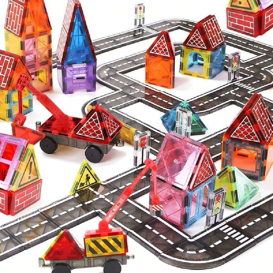 Bloques Magnéticos Juguetes Construcción Comunitaria Ciudad, 42/70 Pzs 3D Juego de Imanes con Grúa Extensible, Coche, Semáforo, Stem Bloques Educativos Regalo de Navidad Niños Niñas 3+,38931890 - Color caoba - Ver 1