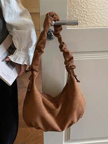 时尚百搭的抽绳褶皱包，新月形包，独特设计，天鹅绒面料，复古斜挎包