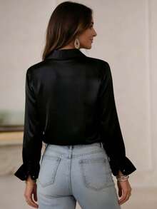Ladies Elegant Black Long Sleeve Blouse With Button Details And Shirt Collar Silky Smooth Woven Top For Chic Everyday Style - Black - View 3