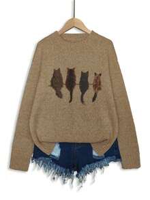 Cute Cat Back Print Oversized Knit Sweater For Women - Multi-Color Cozy Casual Loose Fall Winter Pullover CatPrintSweater OversizedKnitwear CuteAnimalSweater - 棕色 - 查看 2