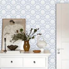 1 Roll Modern Minimalist Style Self-Adhesive Wallpaper, Light Blue Symmetrical Floral Pattern Vinyl Wallpaper, Seamless Wall Contact Paper, Removable And Reusable, Waterproof, Suitable For Bedroom, Living Room, Dining Room, Entryway, Fireplace, Home Decor, Cabinet, Vanity, Bookshelf, Furniture Renovation DIY - Mixed Colors - View 2