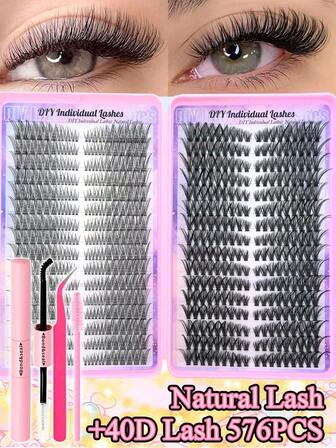 576-800片自然柔软假睫毛套装 - D型卷翘，9-18毫米，适合多种风格：自然/纤长/动漫/派对/猫眼/角色扮演，套装包含假睫毛、睫毛胶、睫毛刷、镊子，非常适合婚礼、情人节、日常使用，是送给母亲、女友、朋友的理想礼物。