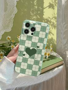 兼容 11/12/15/14/13/16/17 Pro/17 Pro Max / S26 S25 S24 S23 A57 A37/Redmi/OPPO/Realme/Infinix 系列，1 件装时尚情人节绿色格子心形图案手机壳，全镜头保护，防指纹，防震，防摔，青蓝色直边磨砂 TPU 手机保护套。 - 淡青色 - 查看 5