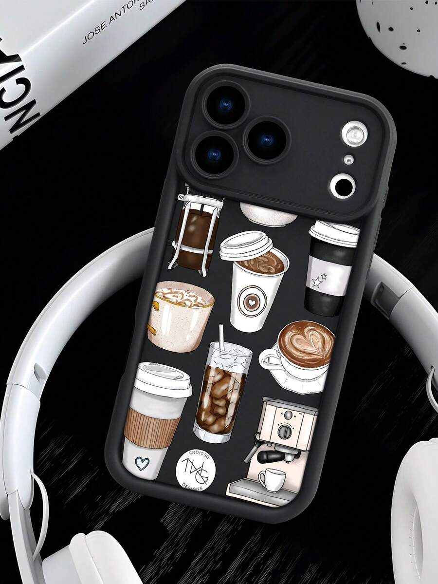 1pc Luxury Durable Healing Coffee Theme 2D Pattern Full Coverage Anti-Slip Soft TPU Phone Case, Compatible With Apple 17, 16, 15, 14, 13, 12, 11 PRO/PRO MAX/PLUS And Galaxy Series, Suitable As Gifts For Couples, Best Friends, Office, New Year, Valentine's Day, Easter, Ramadan - Black - View 1