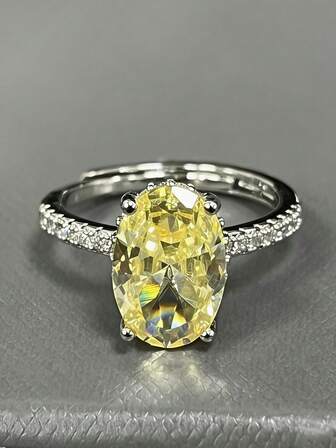 1pc Luxury Sparkling Egg-Shaped Yellow Diamond Ring Inlaid With Zirconia, Elegant Lady's Cocktail Ring, Suitable For Daily, Festival, Party Wear, Girlfriend Gift