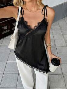 Women's New Spring/Summer One-Piece Satin Fabric Glossy Lace Patchwork Backless Asymmetrical Lace Patchwork Camisole Camisole Casual Beach Holiday Vacation Everyday Holiday Camisole Top Camisole Black - Black - View 2